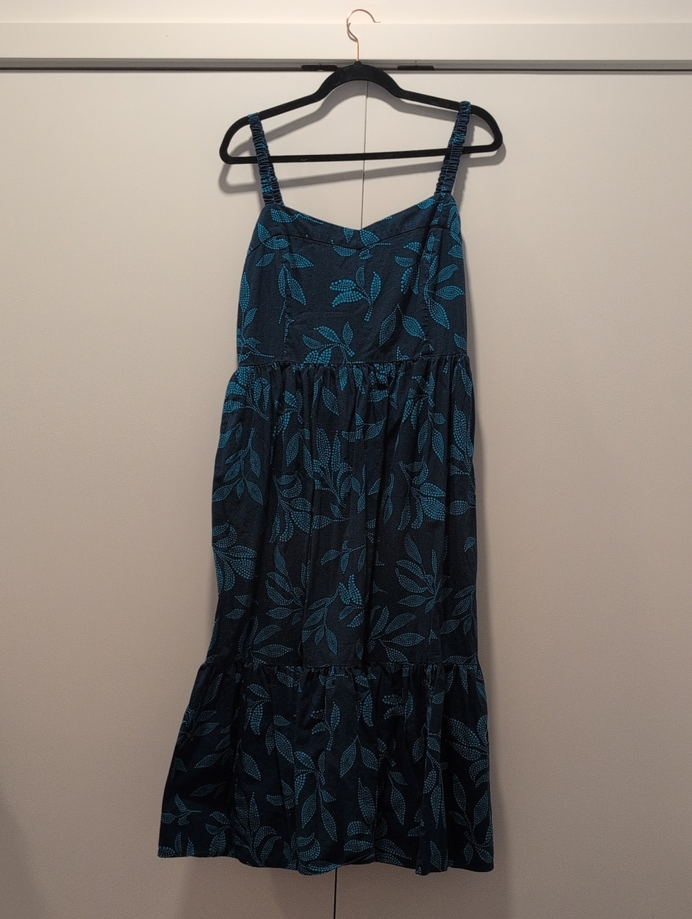 J. Crew Dark Navy Midi Dress with Teal Leaf Print
